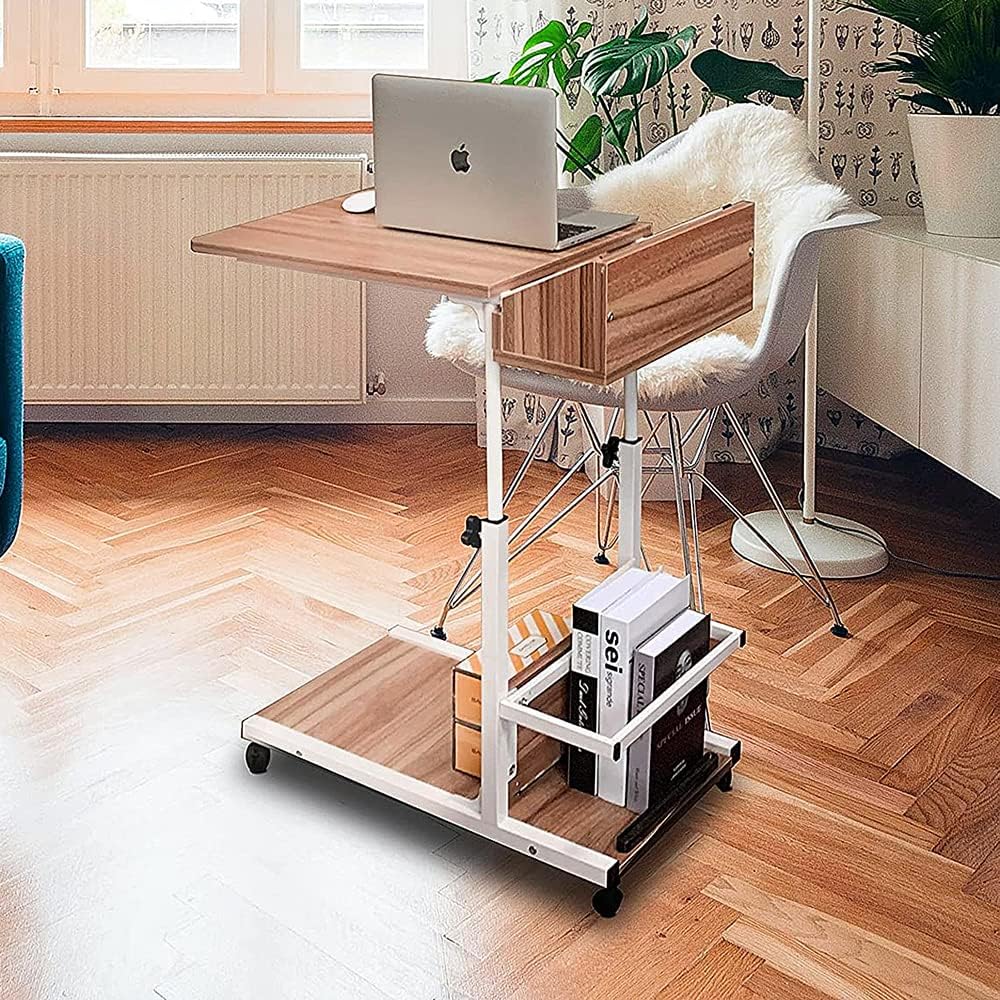 Movable Bed Side Computer Table With Wheels Storage Adjustable Table