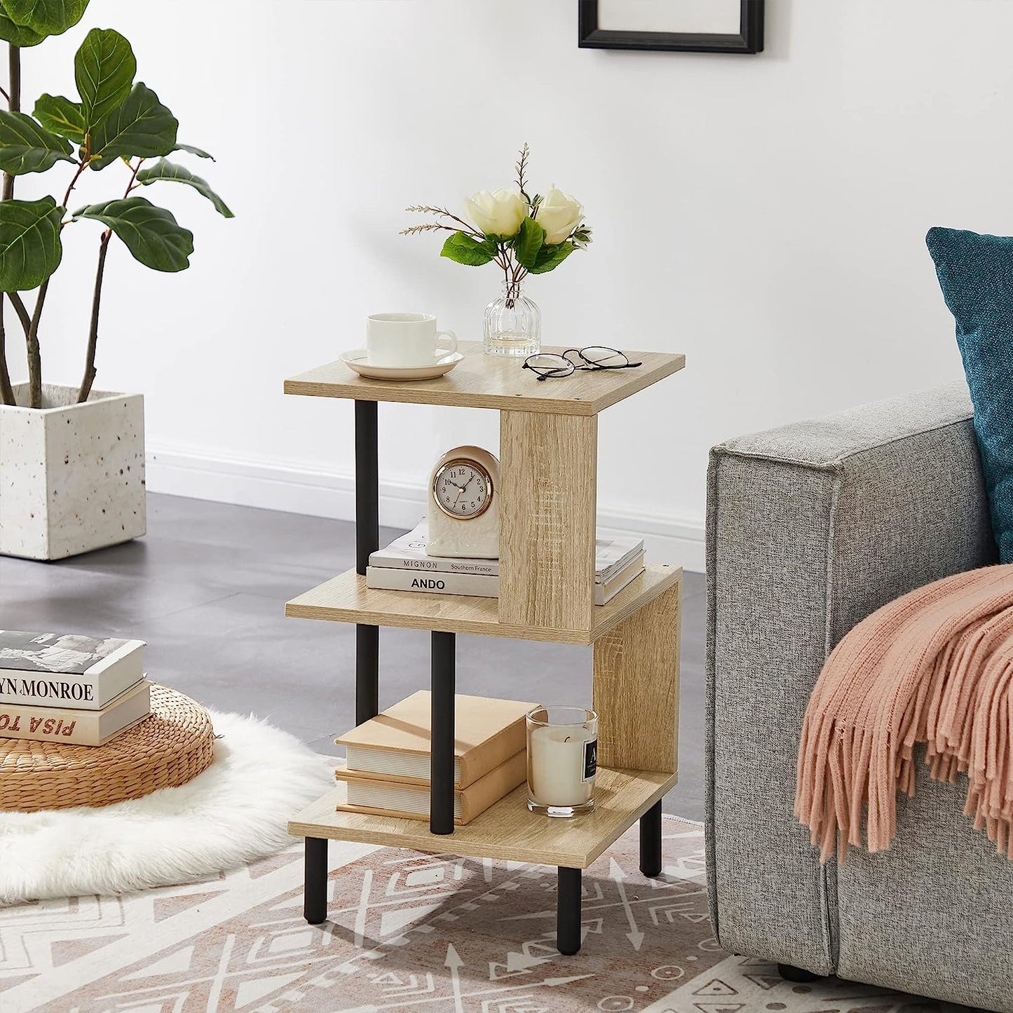 S-Shaped End Table with Storage Shelf